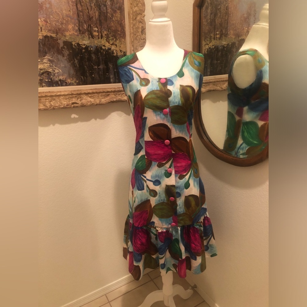 VINTAGE 70s Hawaiian Floral Tropical Ruffle Dress